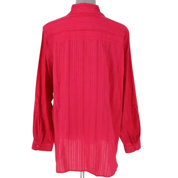 Coldwater Creek Top Plus 2X Pink Textured Cotton Blouse Roll Tab Sleeve Career - Picture 2 of 14